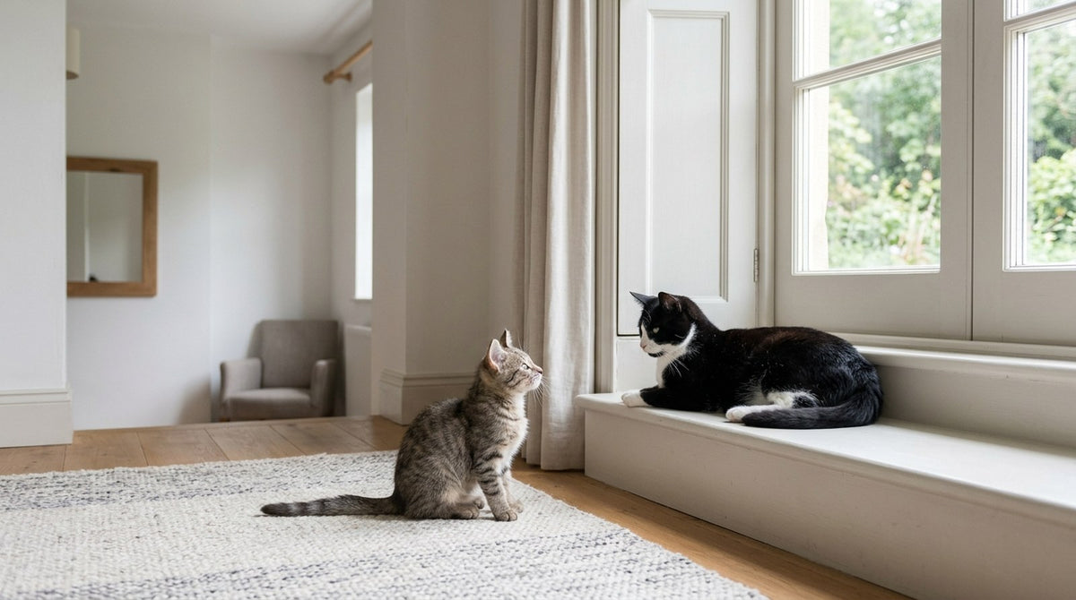 A tabby kitten sitting on a pale rug looks up at a black and white adult cat resting on a window step across the room, the two cats watching each other from a distance