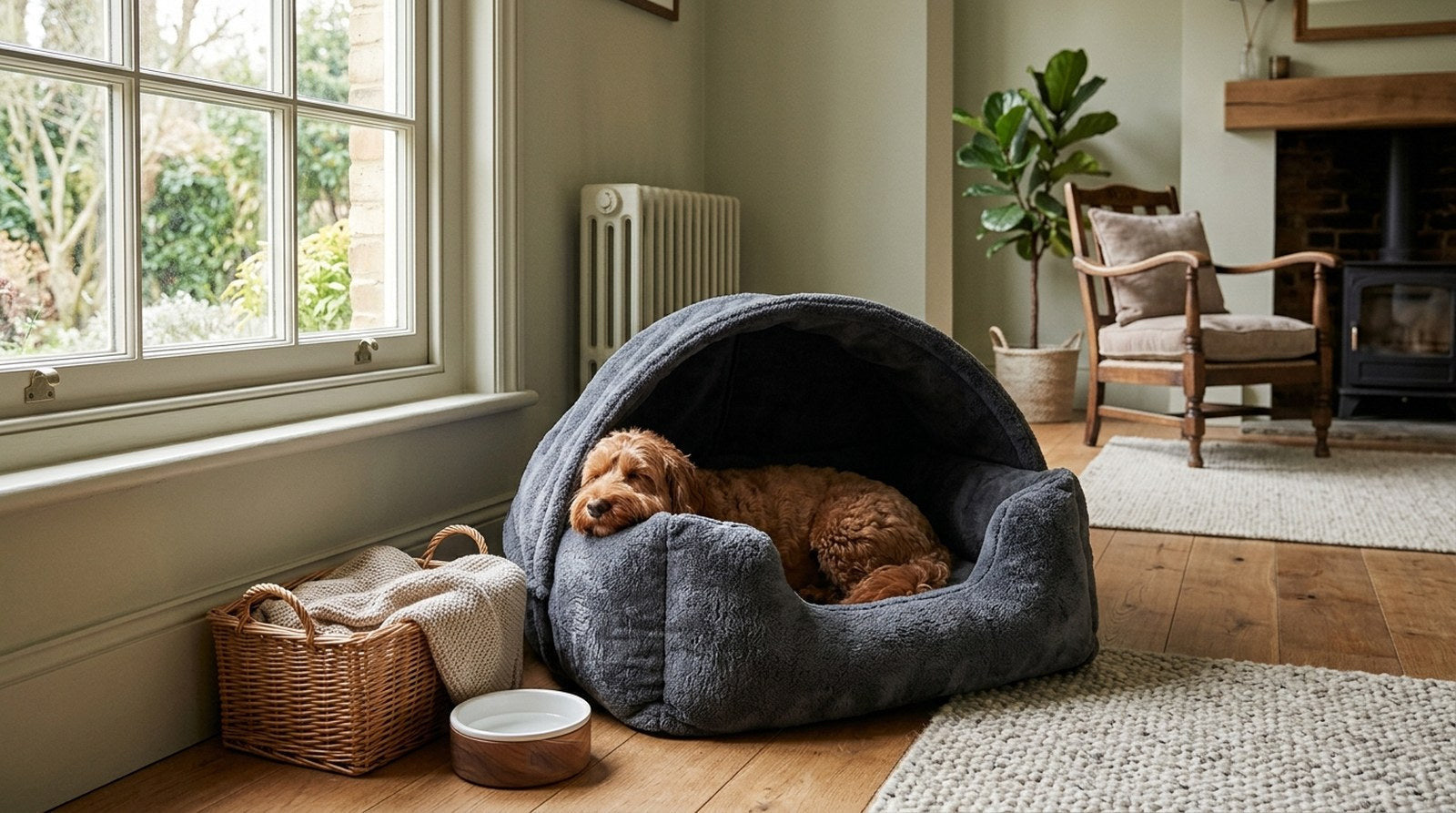 A curly-coated apricot dog curled up asleep inside a hooded, deep-sided dog bed in the corner of a light, calm British living room, beside a window and a wood-burning stove.