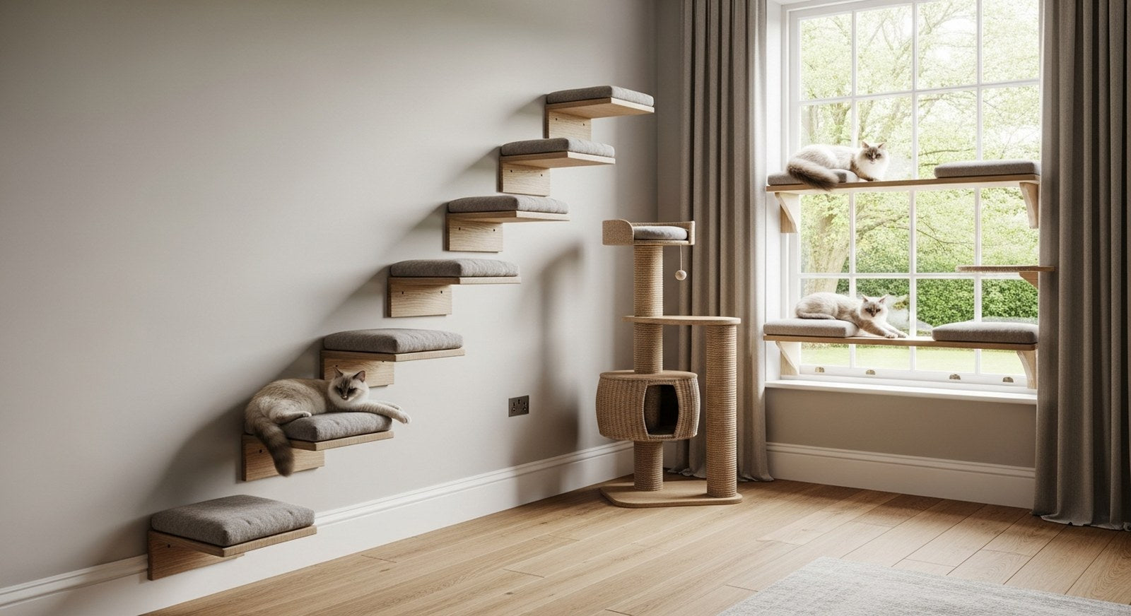 Wood-and-cushion designer cat wall shelves, a sisal cat tower and a window perch with relaxed cats in a calm, neutral British living room.