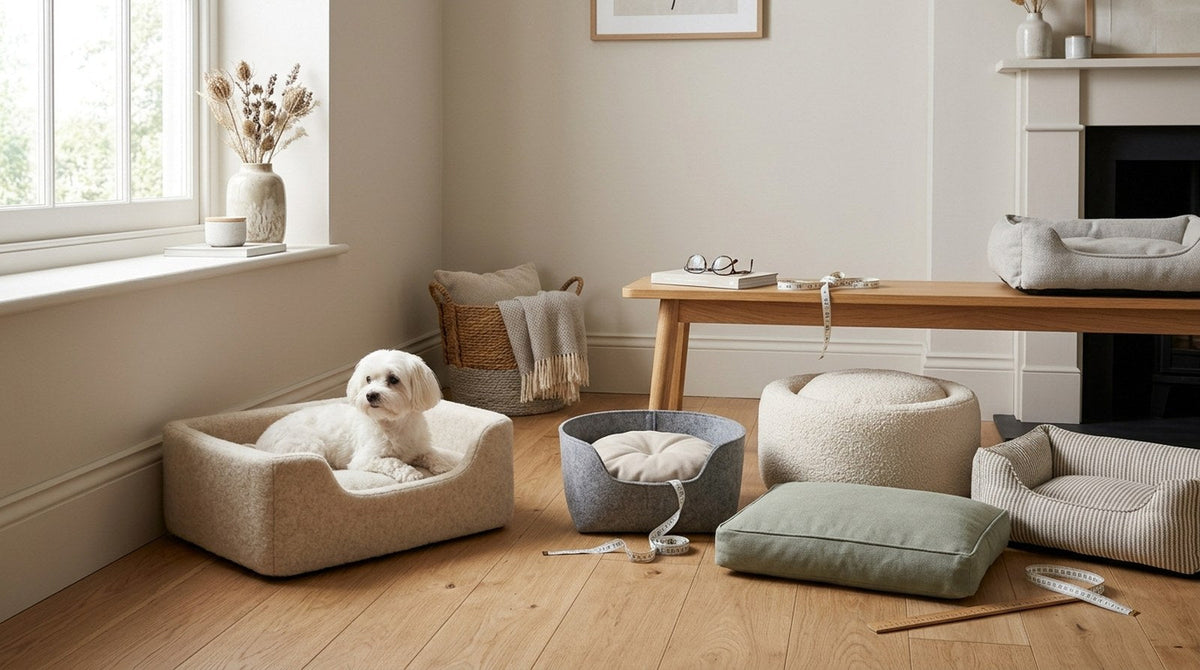A small white dog sitting in a boucle box bed, with a felt basket, a round pouffe and a flat cushion beside it and a tape measure on the wooden floor