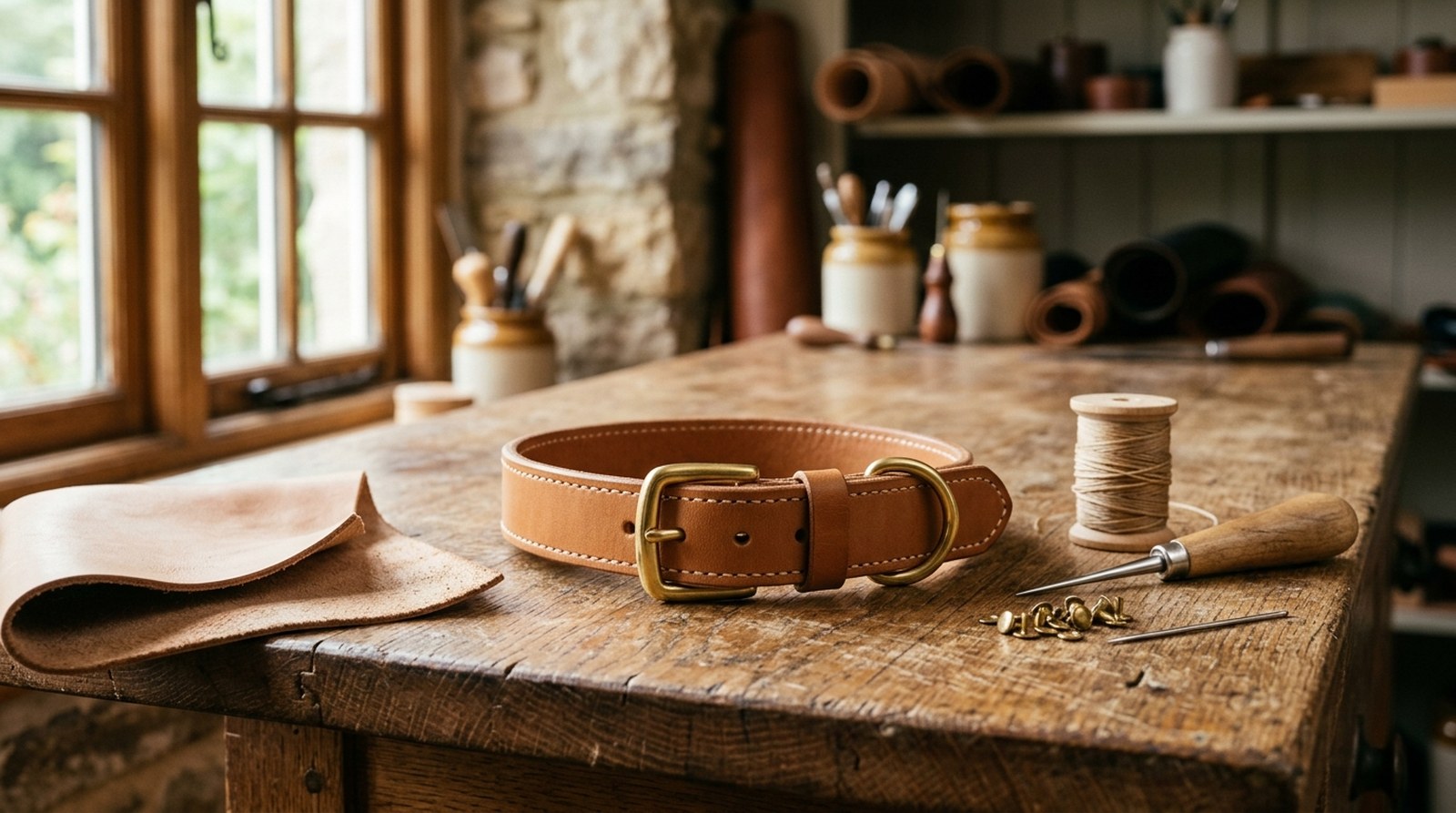 A plain tan leather dog collar with a solid brass buckle and D-ring on a wooden workbench, beside a leather offcut, a spool of waxed thread and a stitching awl.