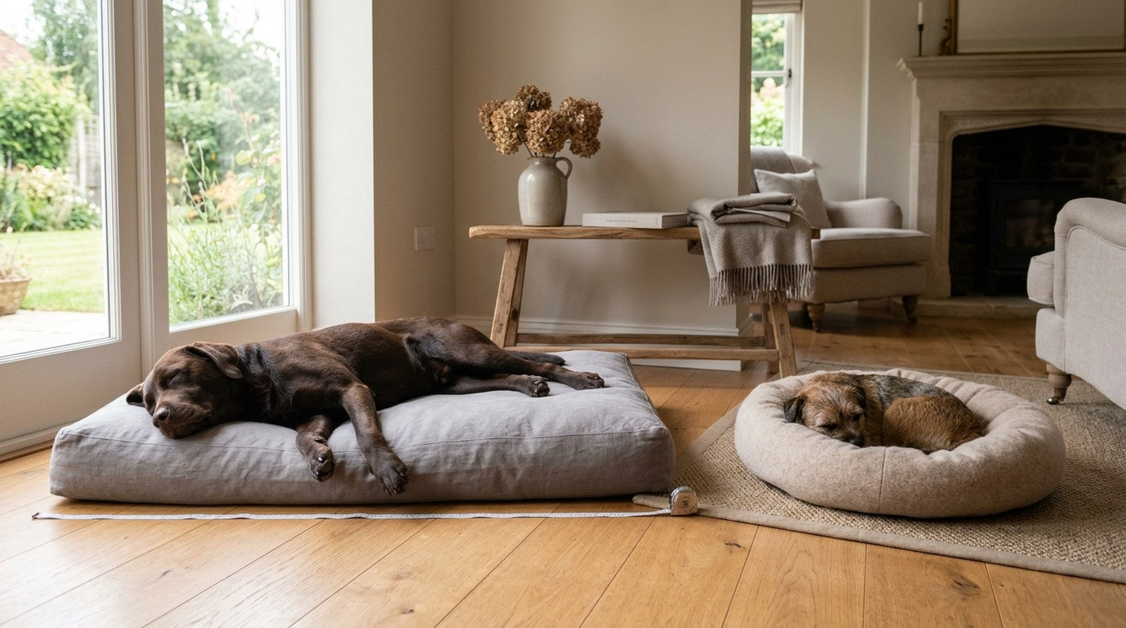 Editorial hero image for the article 'How to Choose the Right Dog Bed Size for Your Breed', showing the subject in a calm British home setting.