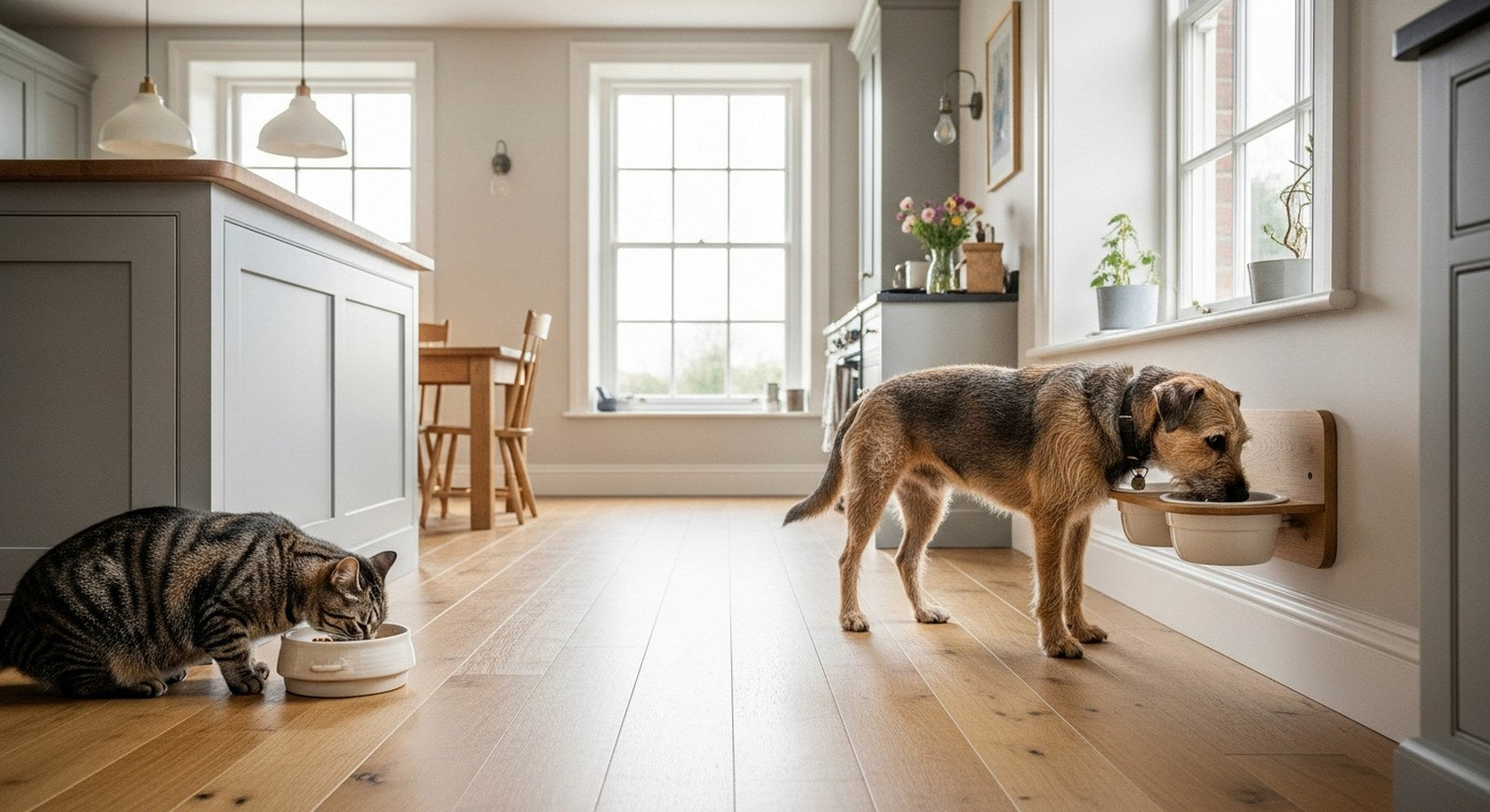 A cat eating from a floor bowl and a terrier at a wall-mounted elevated feeder in a calm British kitchen, with spatial separation between feeding stations to prevent food guarding.