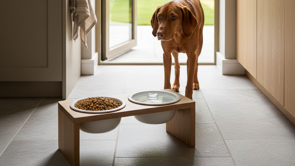 A vizsla approaching an elevated MiaCara-style dog feeder in a sunlit kitchen with the back door open to a summer garden, fresh water with an ice cube in the bowl.