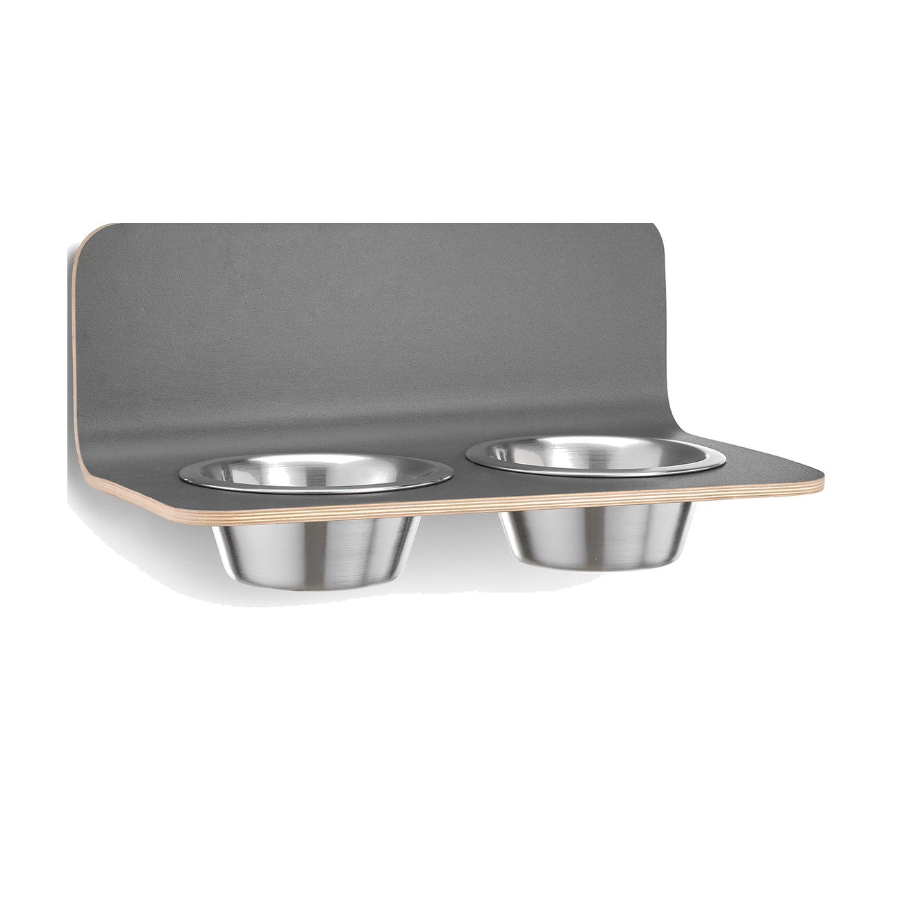 MiaCara Arco wall-mounted dog feeder with dual stainless steel bowls in minimalist grey German design for modern homes
