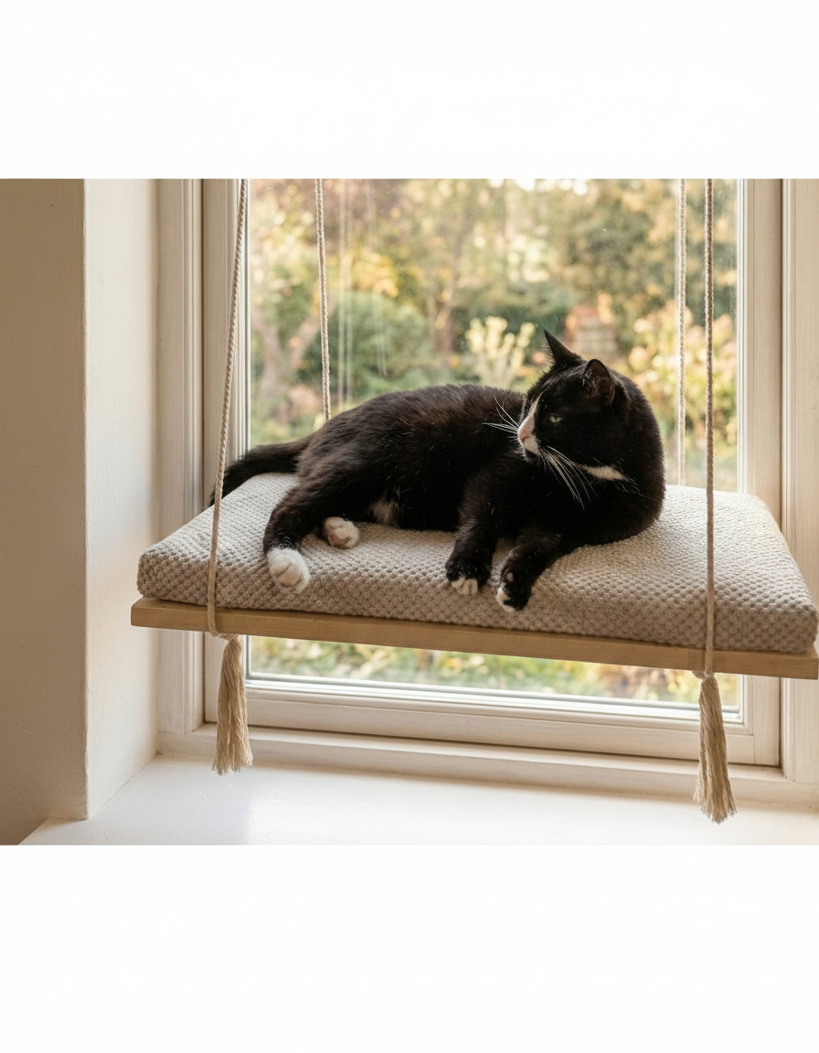 Cat Window Perch - Pine Wood - The Sunny Spot in Natural Pine, Cream cushion