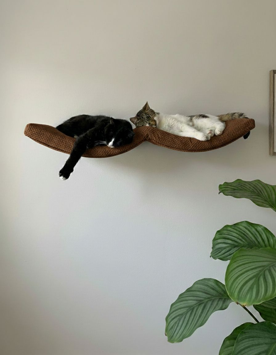Cat Wall Shelf - The Double Arch Haven with Dark Chocolate DOT cushion