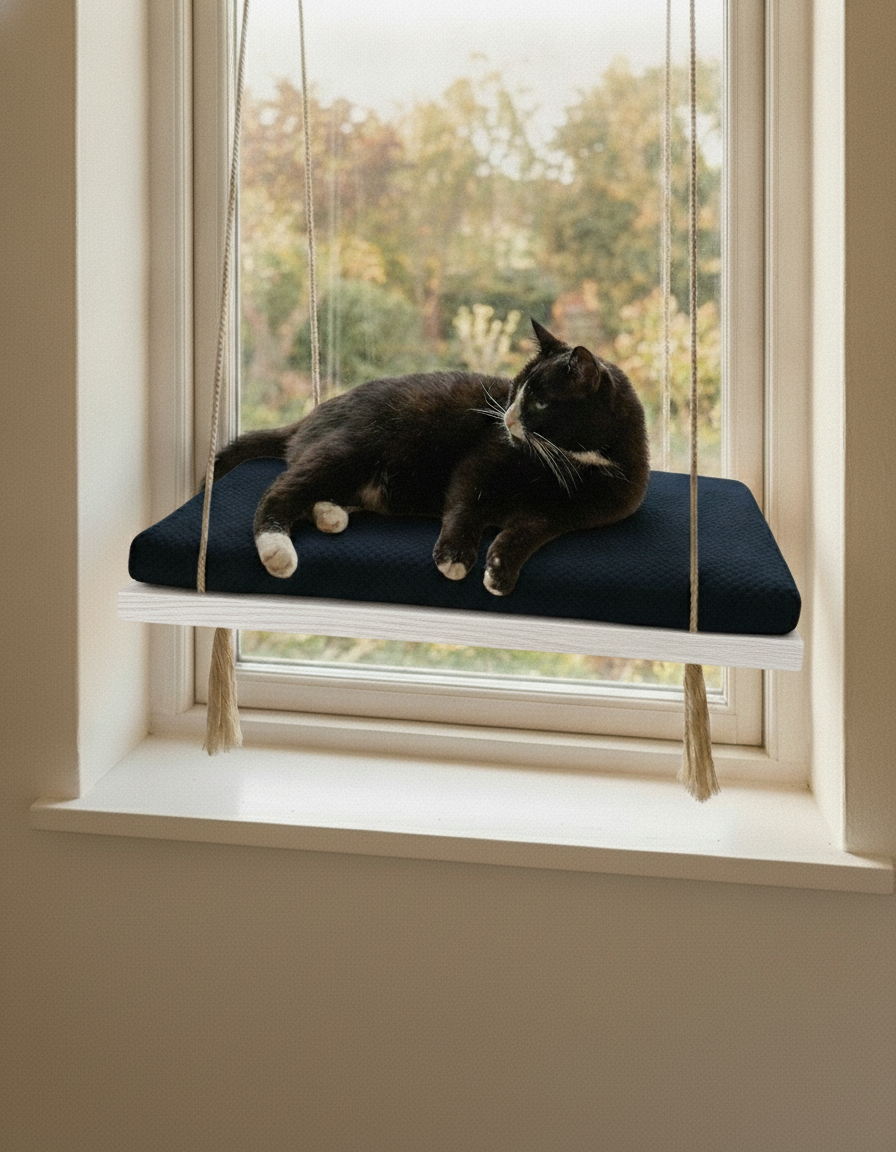 Cat Window Perch - Pine Wood - The Sunny Spot in White, Deep Navy Blue cushion