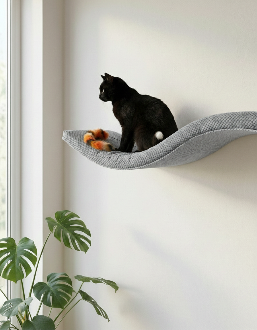 Cat Wall Shelf - The Playful Curve with Grey DOT cushion