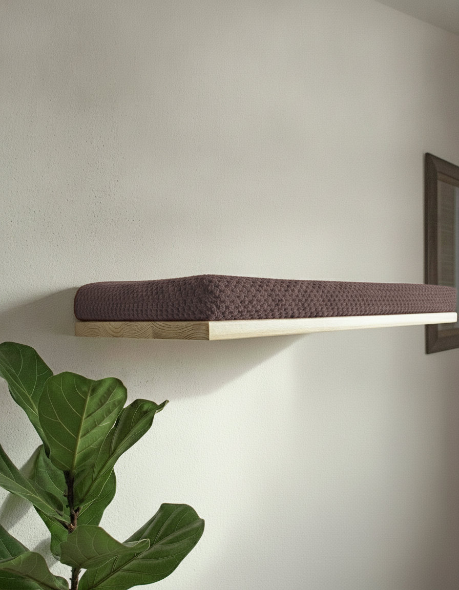 Floating Cat Wall Shelf - The Cozy Nook in Natural Pine, Chocolate cushion