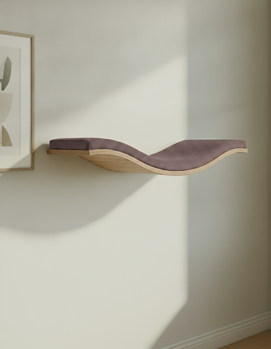 Floating Cat Wall Shelf - The Wavey Retreat in Natural Beech, Chocolate cushion