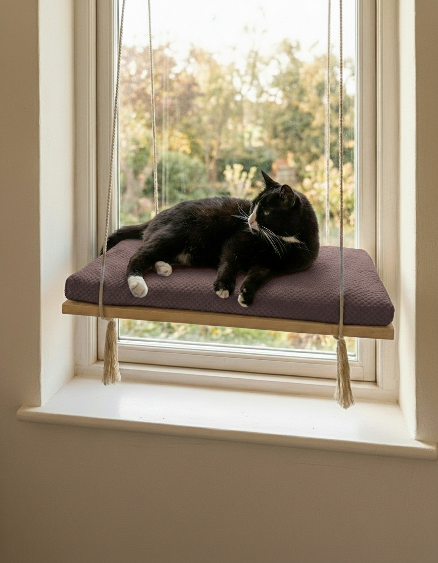 Cat Window Perch - Pine Wood - The Sunny Spot in Natural Pine, Chocolate cushion