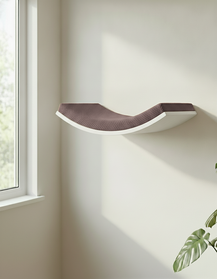 Floating Cat Wall Shelf - Softly Shaped in White, Chocolate cushion