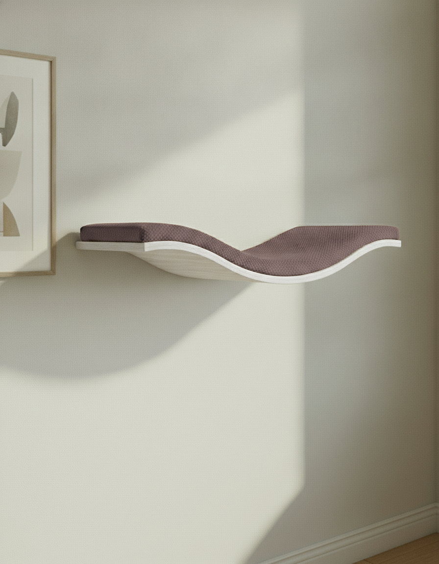 Floating Cat Wall Shelf - The Wavey Retreat in White, Chocolate cushion