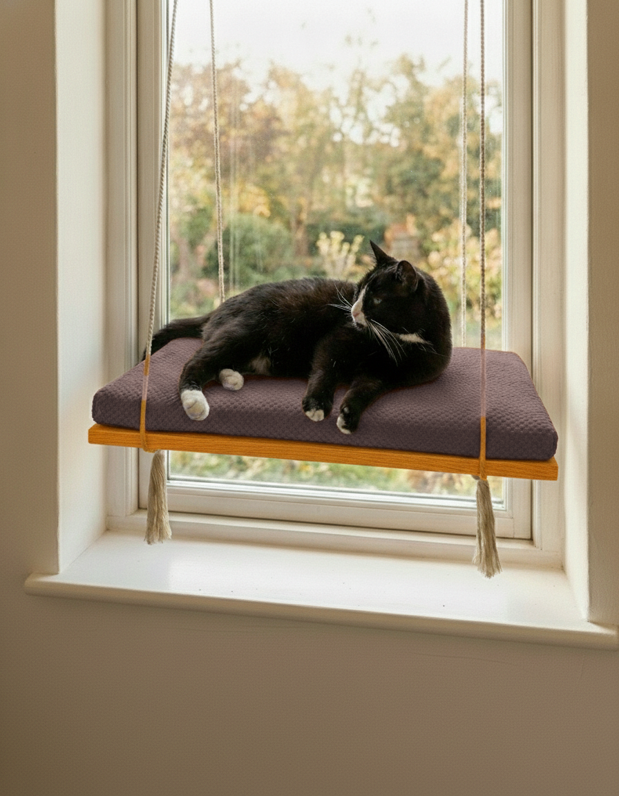 Cat Window Perch - Pine Wood - The Sunny Spot in Golden Oak, Chocolate cushion