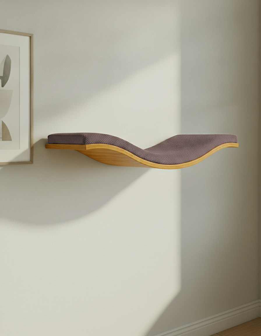 Floating Cat Wall Shelf - The Wavey Retreat in Golden Oak, Chocolate cushion
