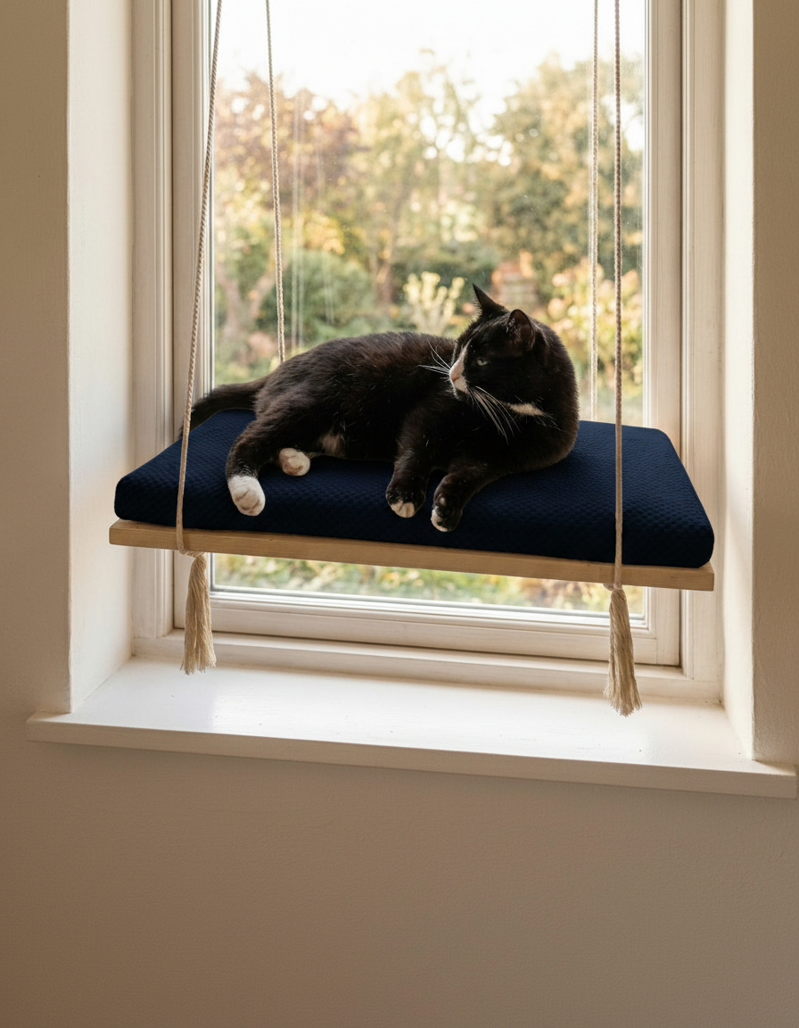 Cat Window Perch - Pine Wood - The Sunny Spot in Natural Pine, Deep Navy Blue cushion