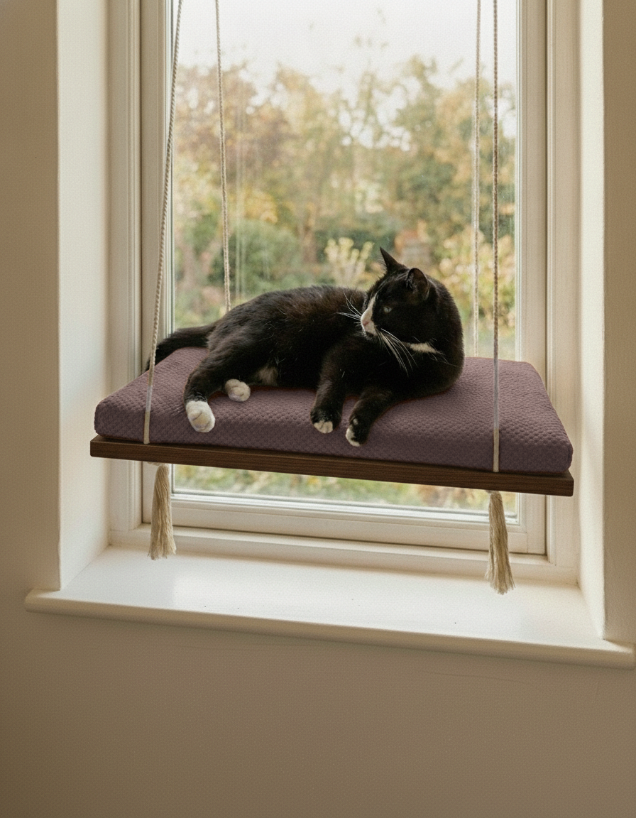 Cat Window Perch - Pine Wood - The Sunny Spot in Wenge, Chocolate cushion