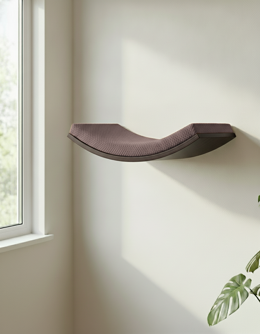 Floating Cat Wall Shelf - Softly Shaped in Wenge, Chocolate cushion