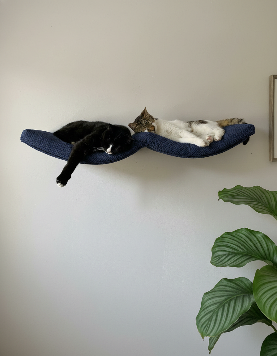 Cat Wall Shelf - The Double Arch Haven with Deep Navy Blue DOT cushion