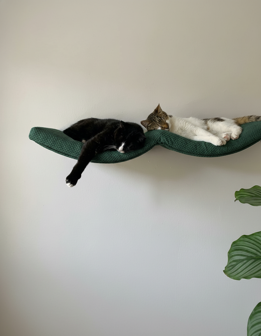 Cat Wall Shelf - The Double Arch Haven with Bottle Green DOT cushion