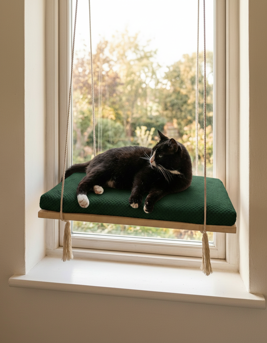 Cat Window Perch - Pine Wood - The Sunny Spot in Natural Pine, Bottle Green cushion
