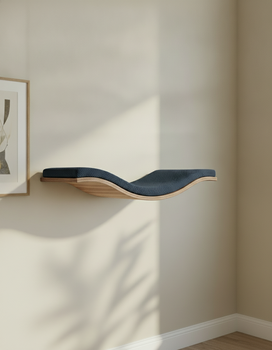 Floating Cat Wall Shelf - The Wavey Retreat in Natural Beech, Deep Navy Blue cushion