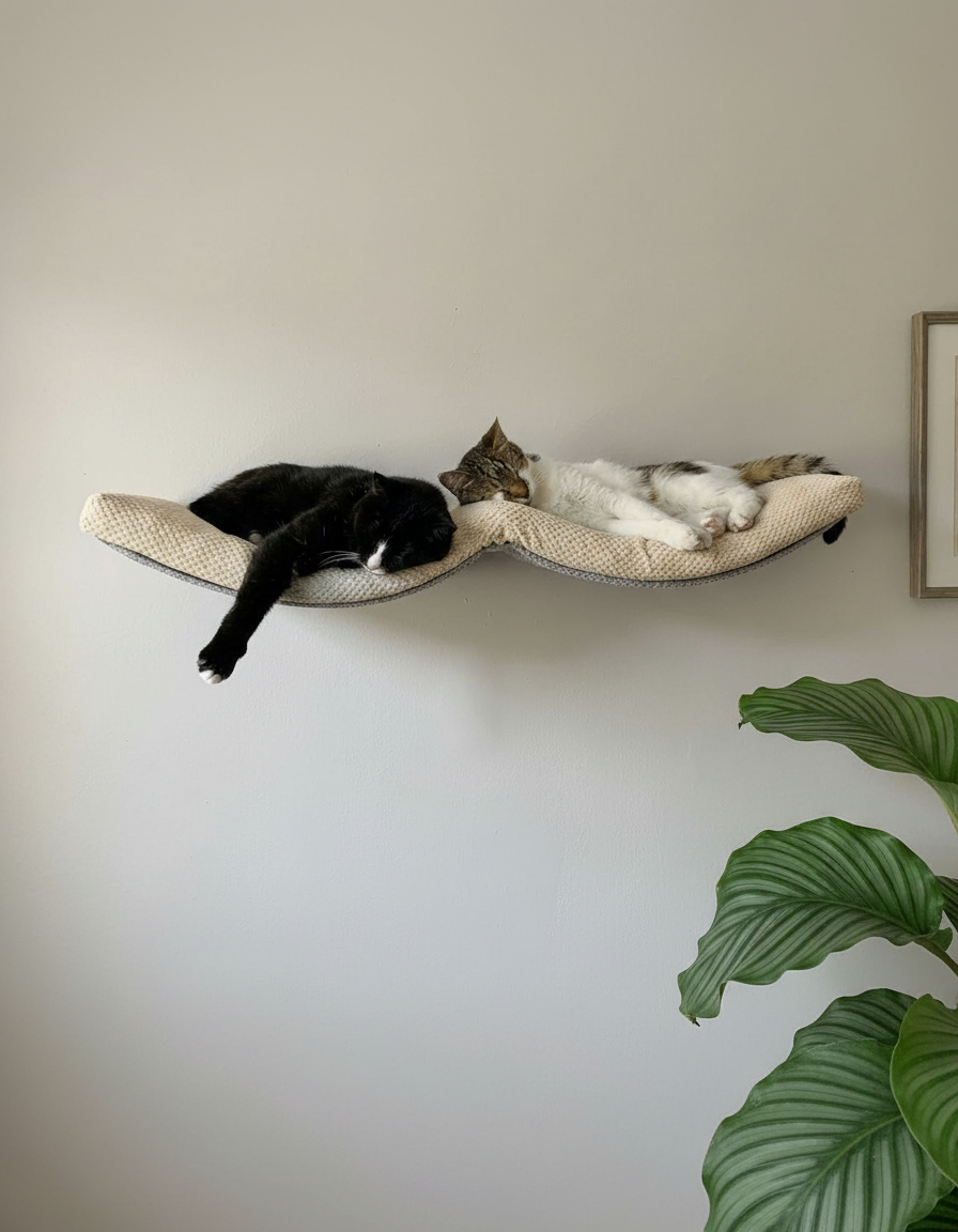 Cat Wall Shelf - The Double Arch Haven with Cream DOT cushion