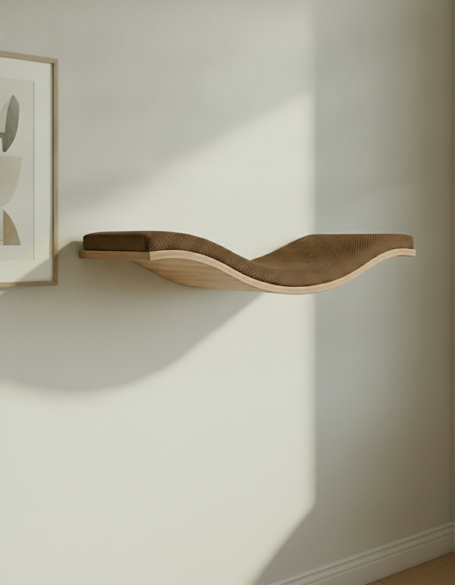 Floating Cat Wall Shelf - The Wavey Retreat in Natural Beech, Dark Chocolate cushion