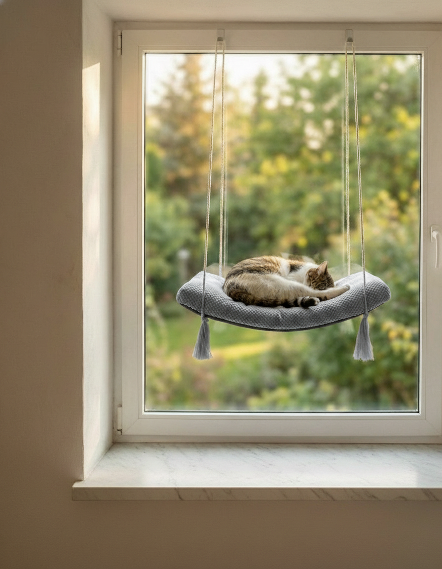 Cat Window Shelf - The Arcing View with Grey DOT cushion