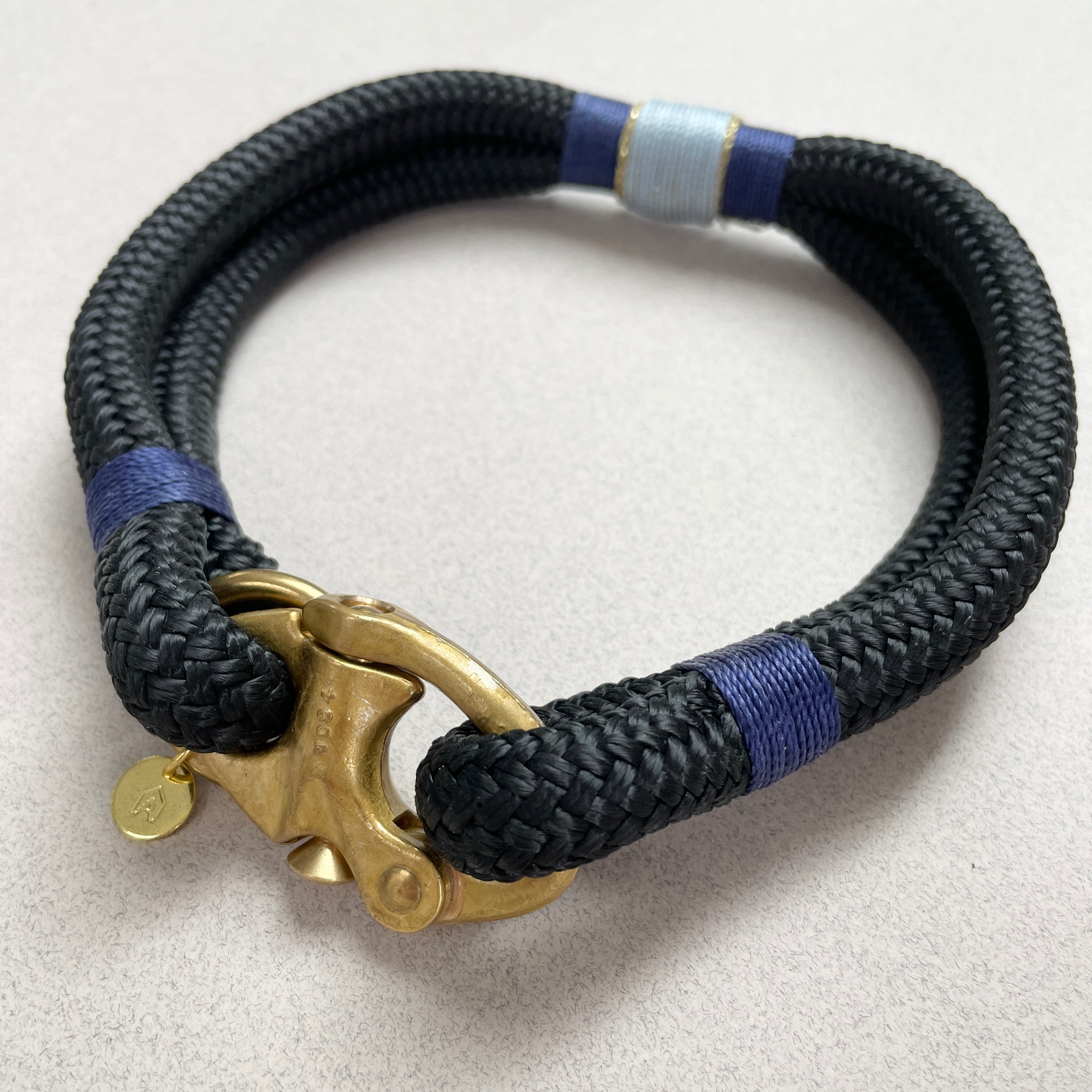 Small Oonalfie Cretan Adventure collar with solid brass anchor clasp, handmade in Britain