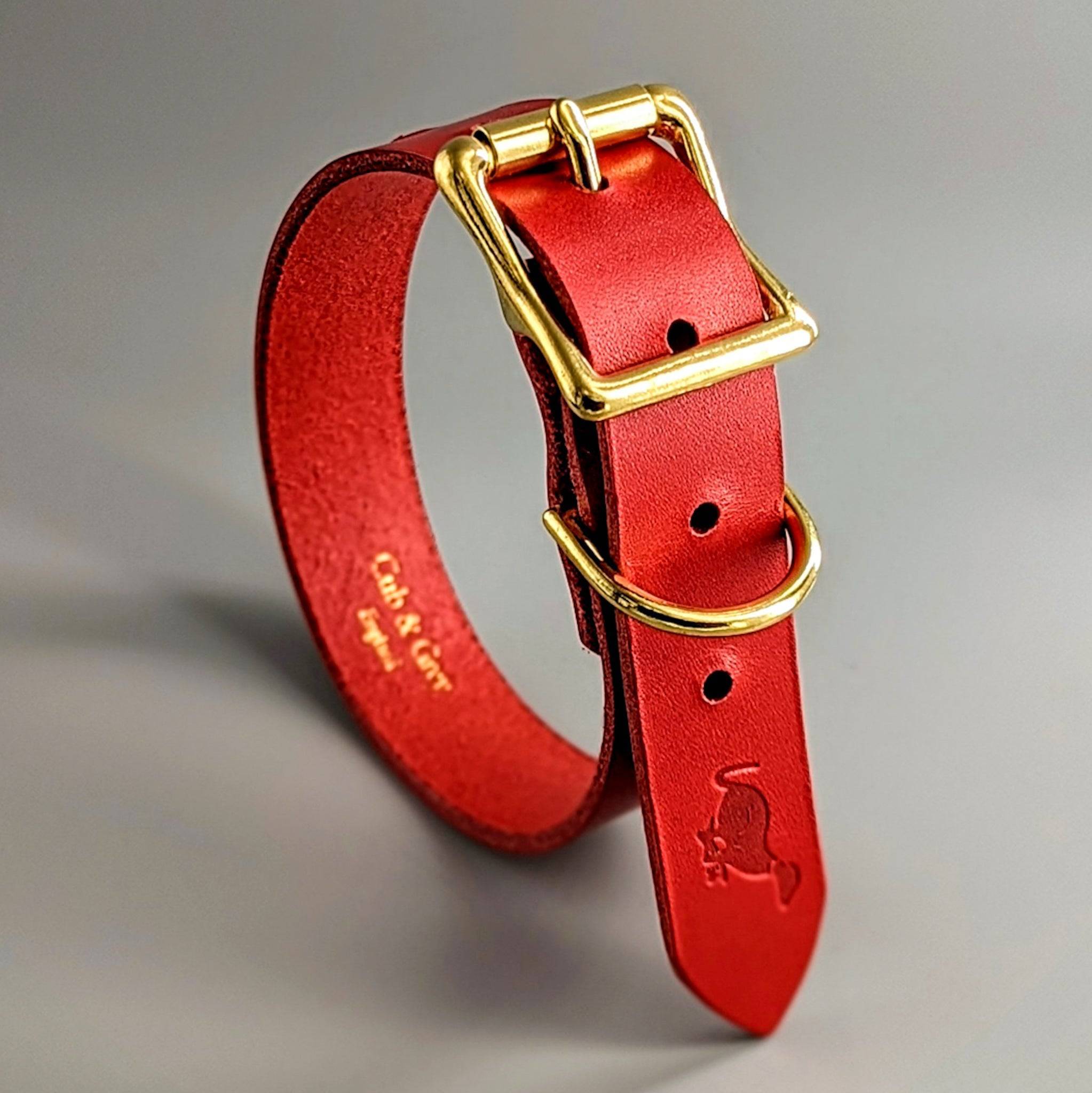 Red British leather dog collar with gold hardware displaying premium craftsmanship and custom text options