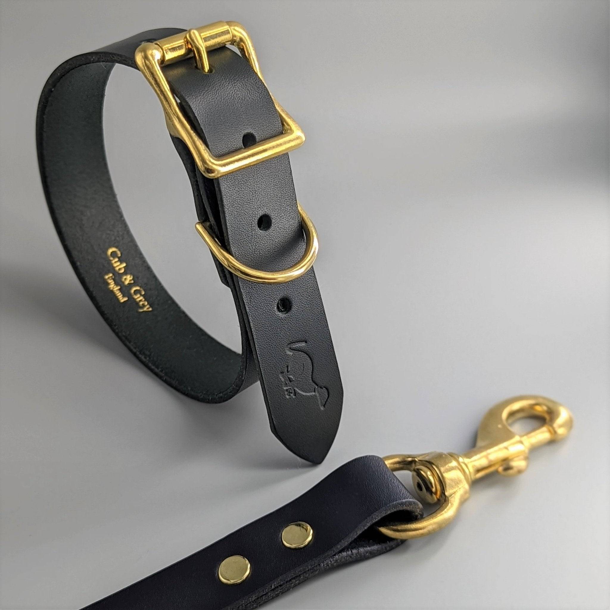 Black luxury leather dog collar and lead set with elegant gold-toned buckles and D-ring hardware styling