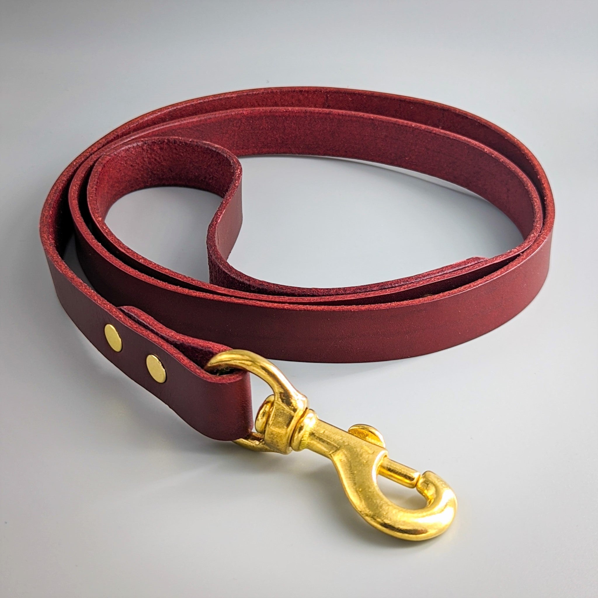 Burgundy leather handcrafted whippet lead with brass snap hook and rivets coiled against white background