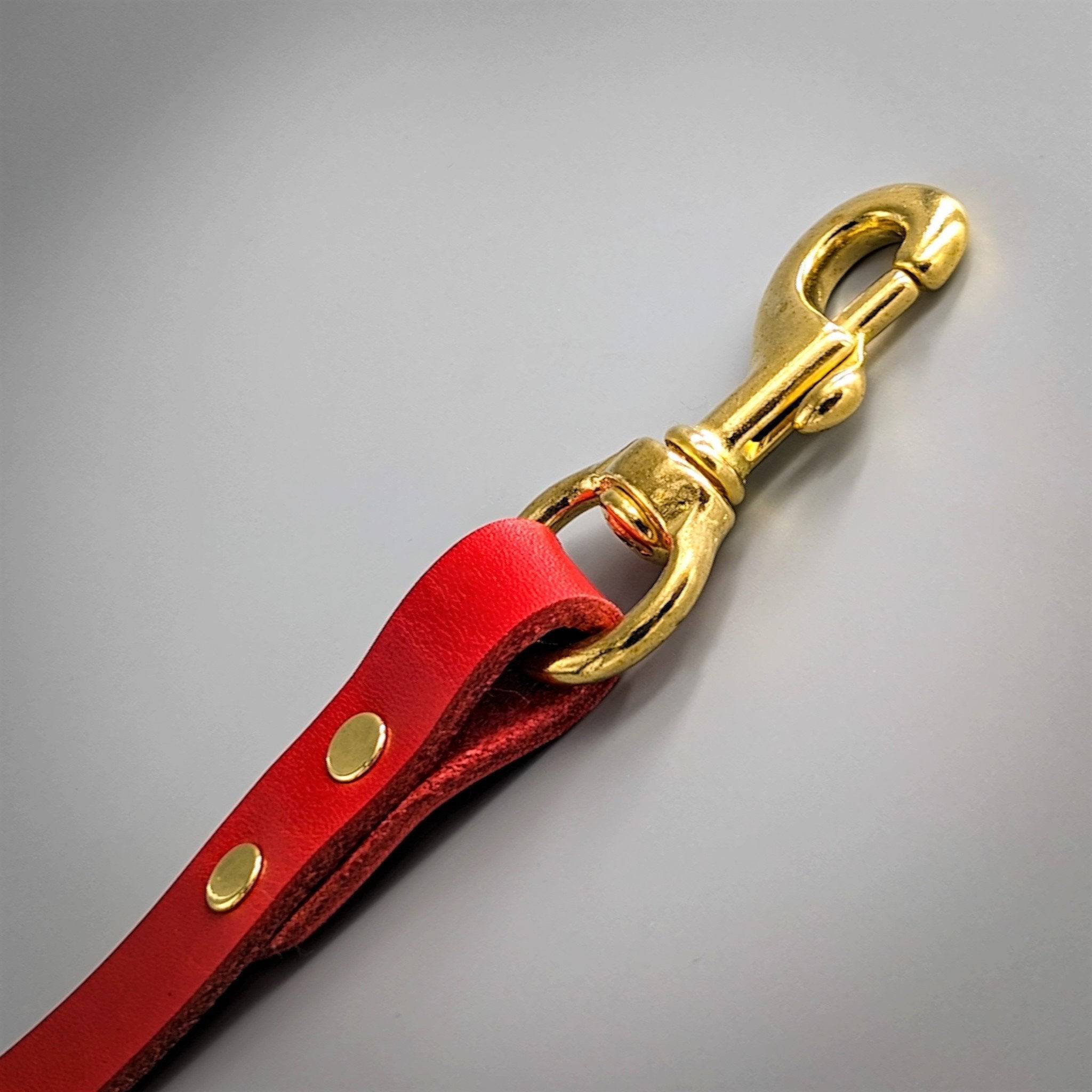 Close up of a red Cub & Grey leather dog lead with brass hardware