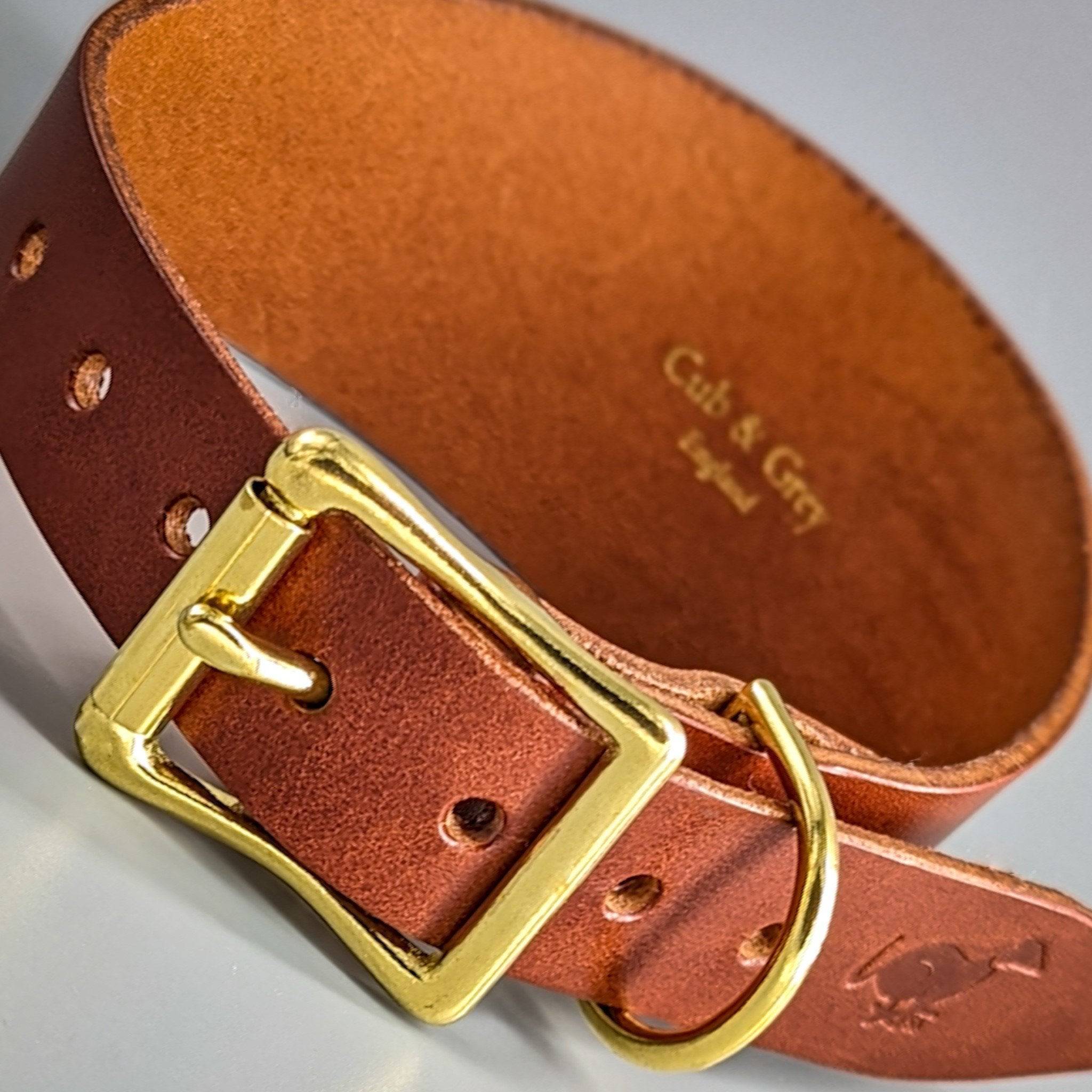 Brown leather dog collar tan interior lining brass hardware, premium construction adjustment holes clean styling