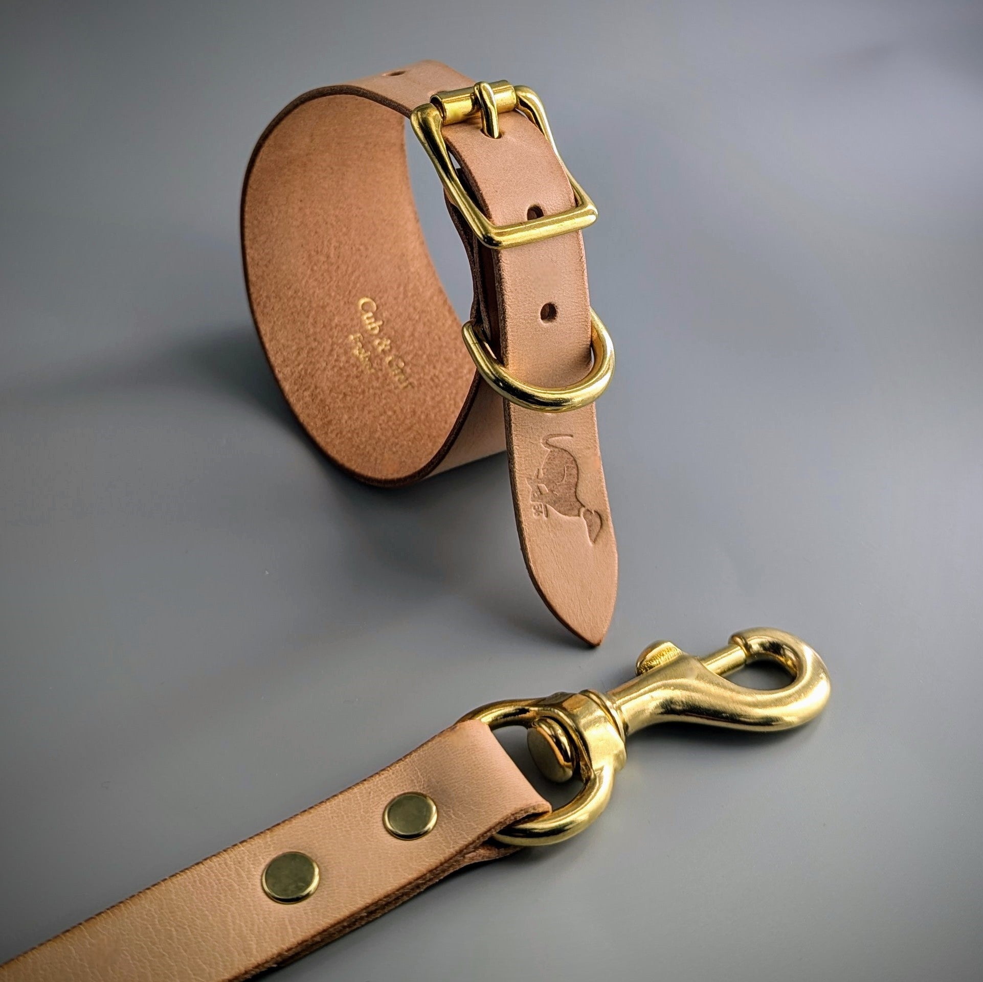 Detail view of handmade British Sedgwick leather whippet collar with brass fittings