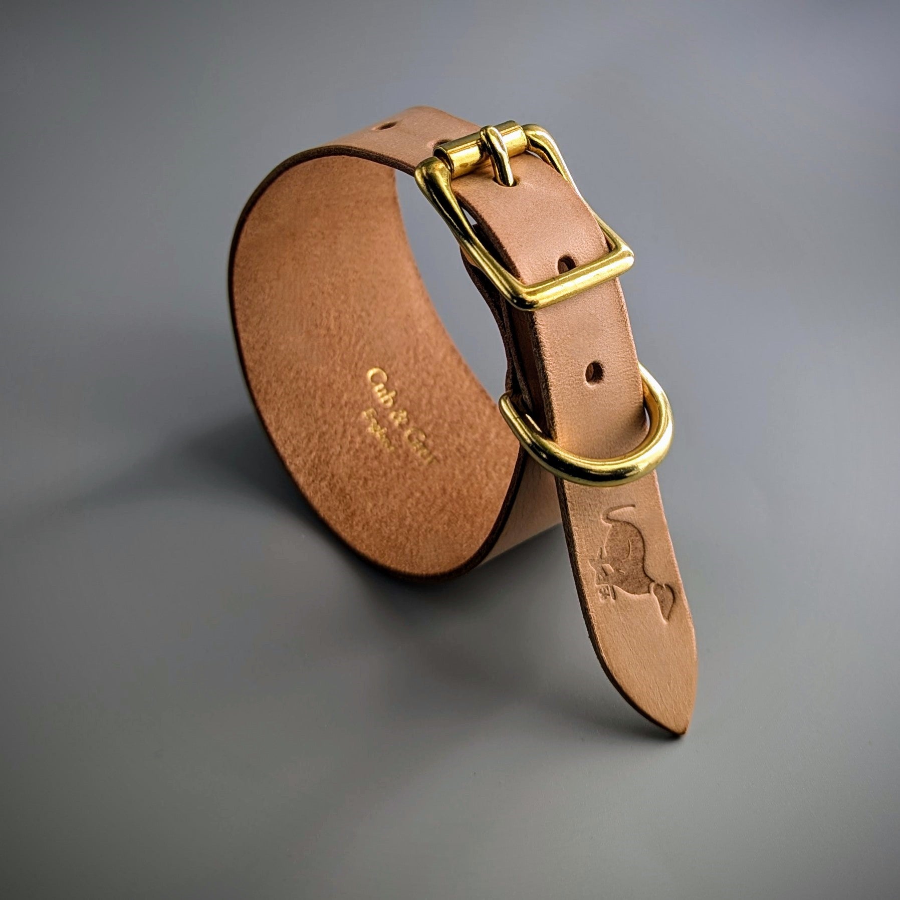 Detail view of handmade British Sedgwick leather hound collar craftsmanship