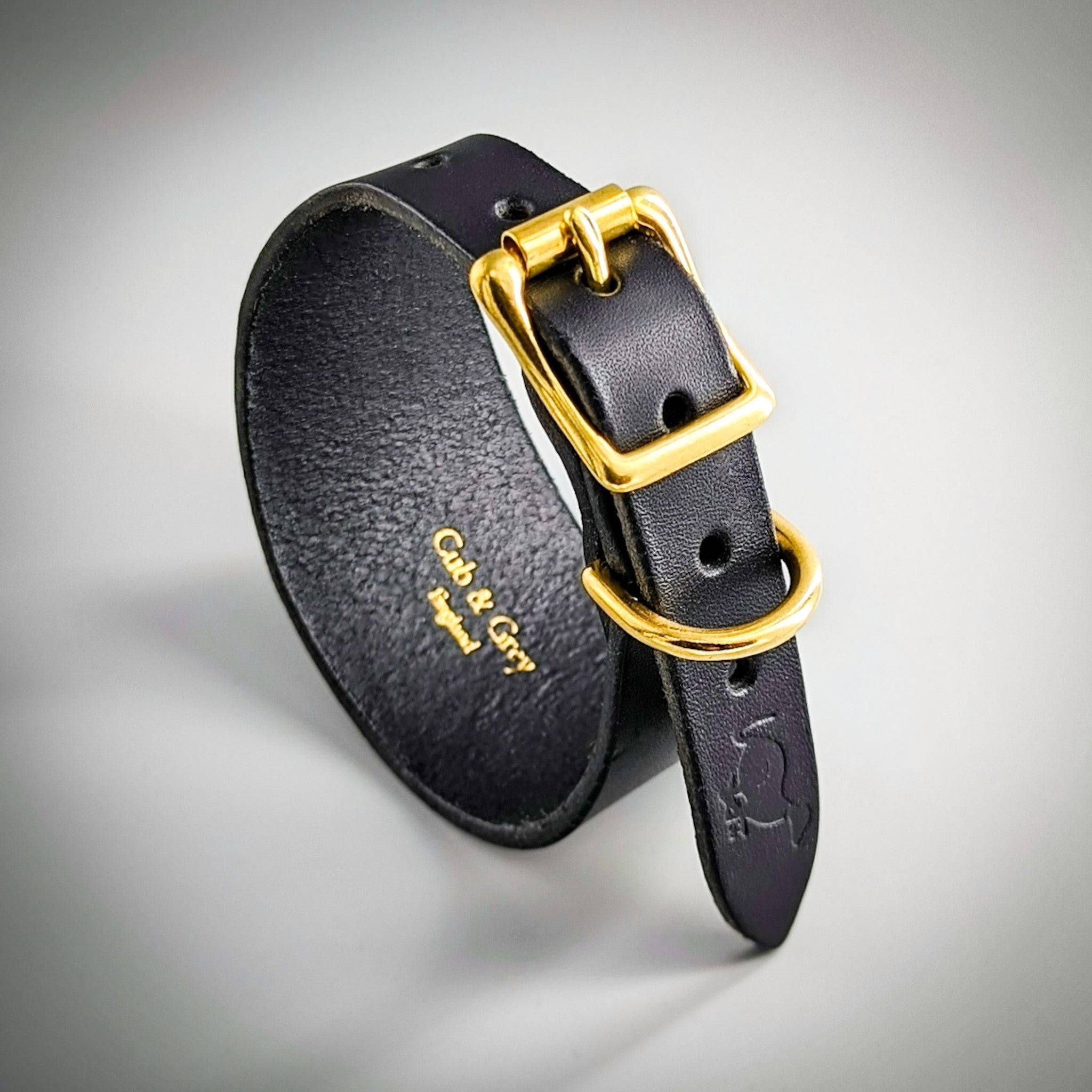 Black leather Luxury Hound Collar gold hardware curved shape, premium stitching embossed text professional lit