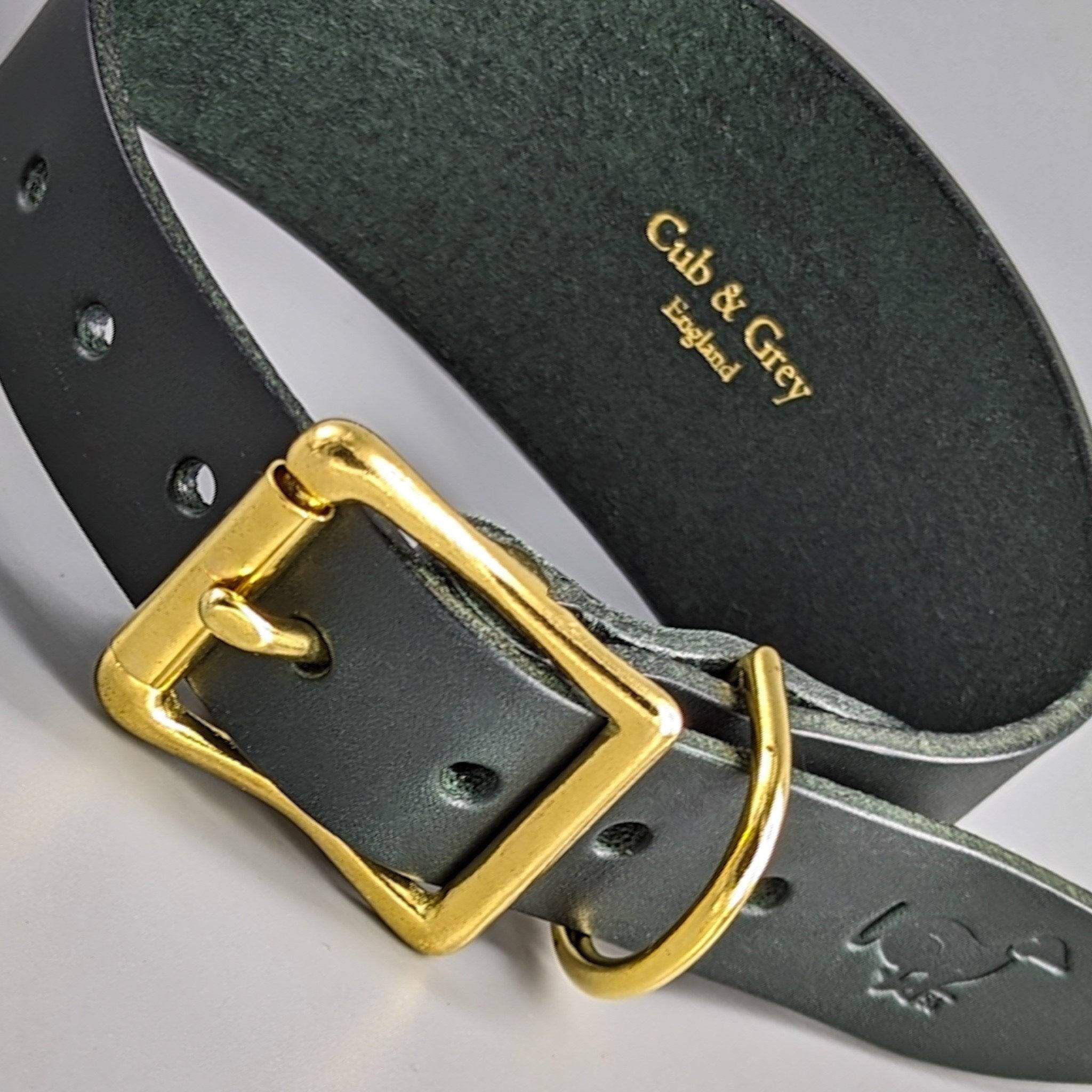 Dark green leather personalised collar gold buckle D-ring, Cub & Grey England embossed text logo detail white