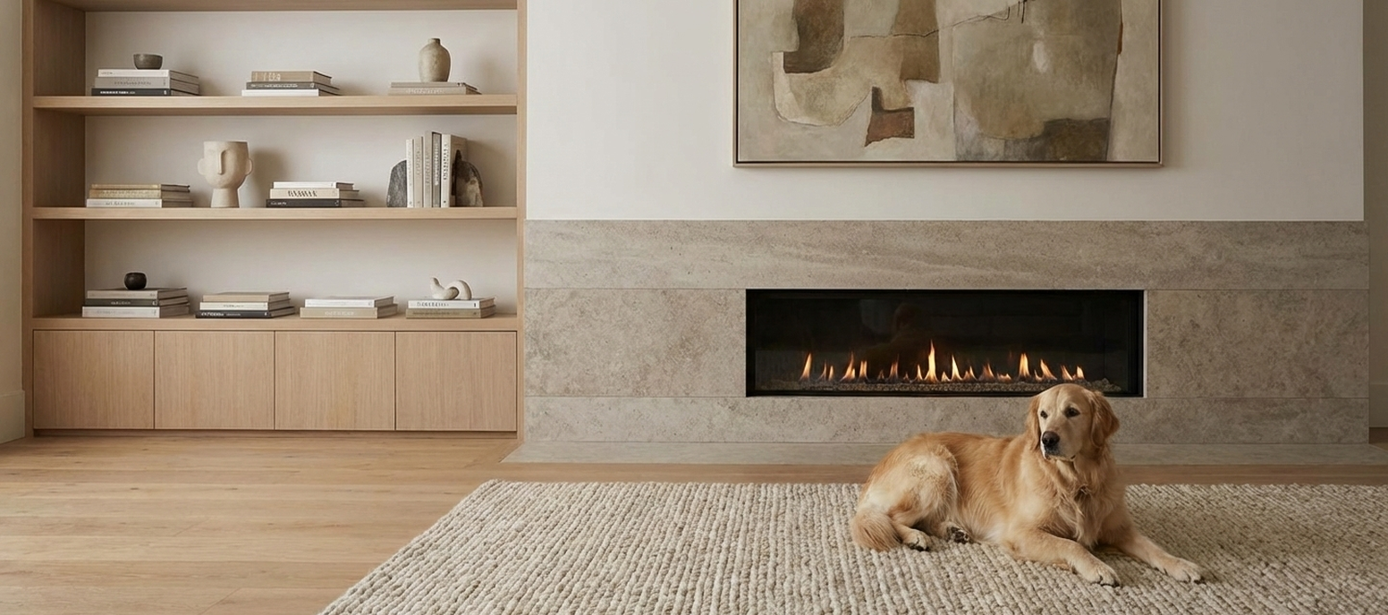 Golden retriever beside a modern fireplace in a luxury interior