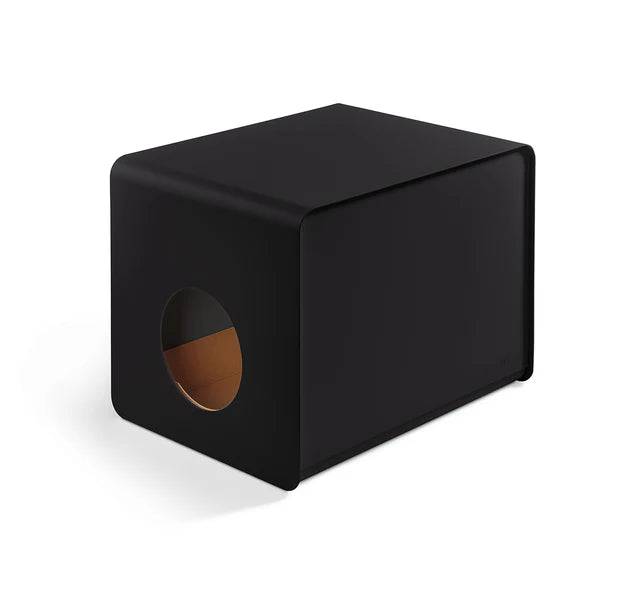 Black minimalist designer cat litter box with oval entrance opening and modern rectangular design by MiaCara