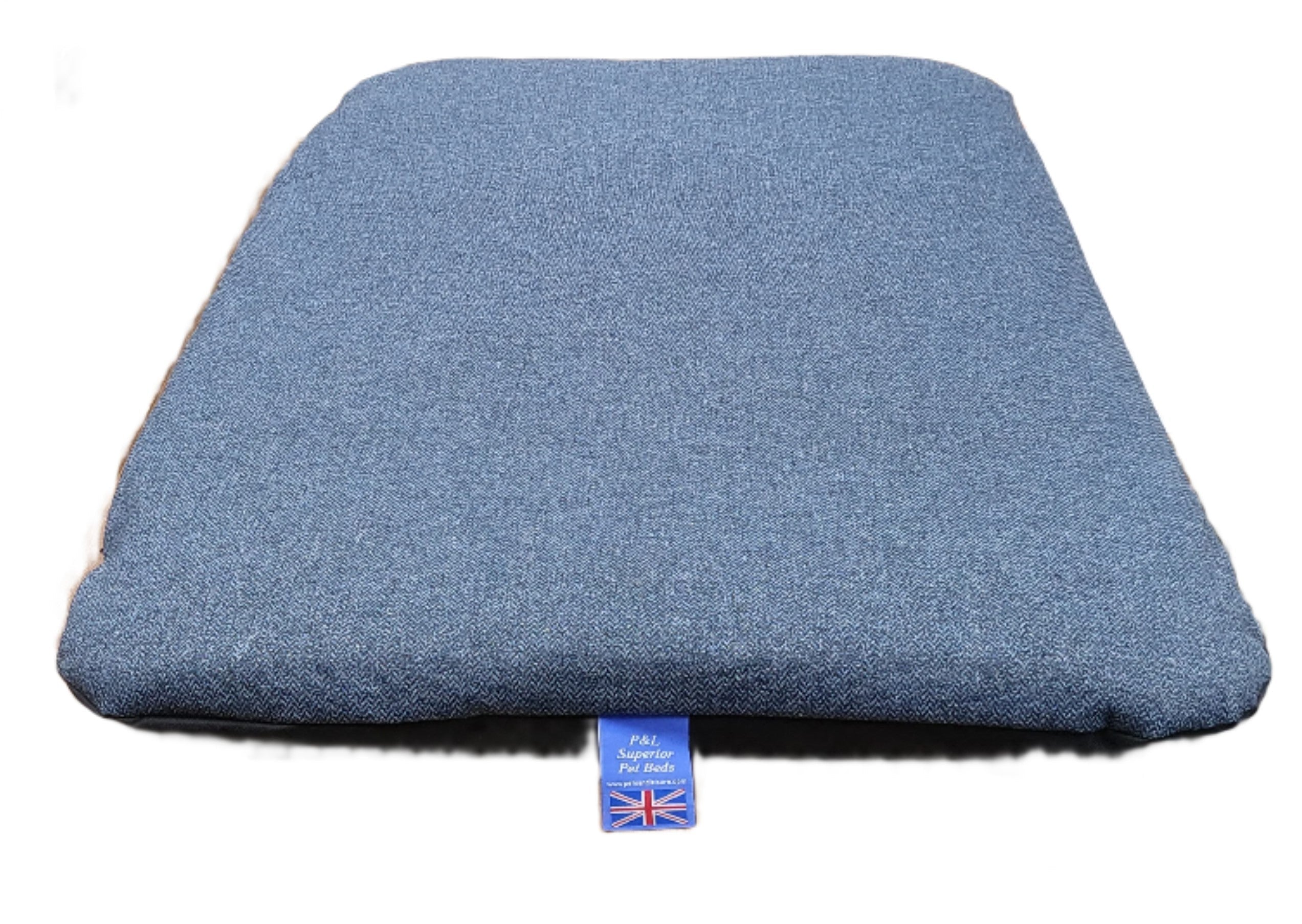 Blue Orkney tweed pet bed cover with removable design, featuring durable fabric and UK quality craftsmanship label