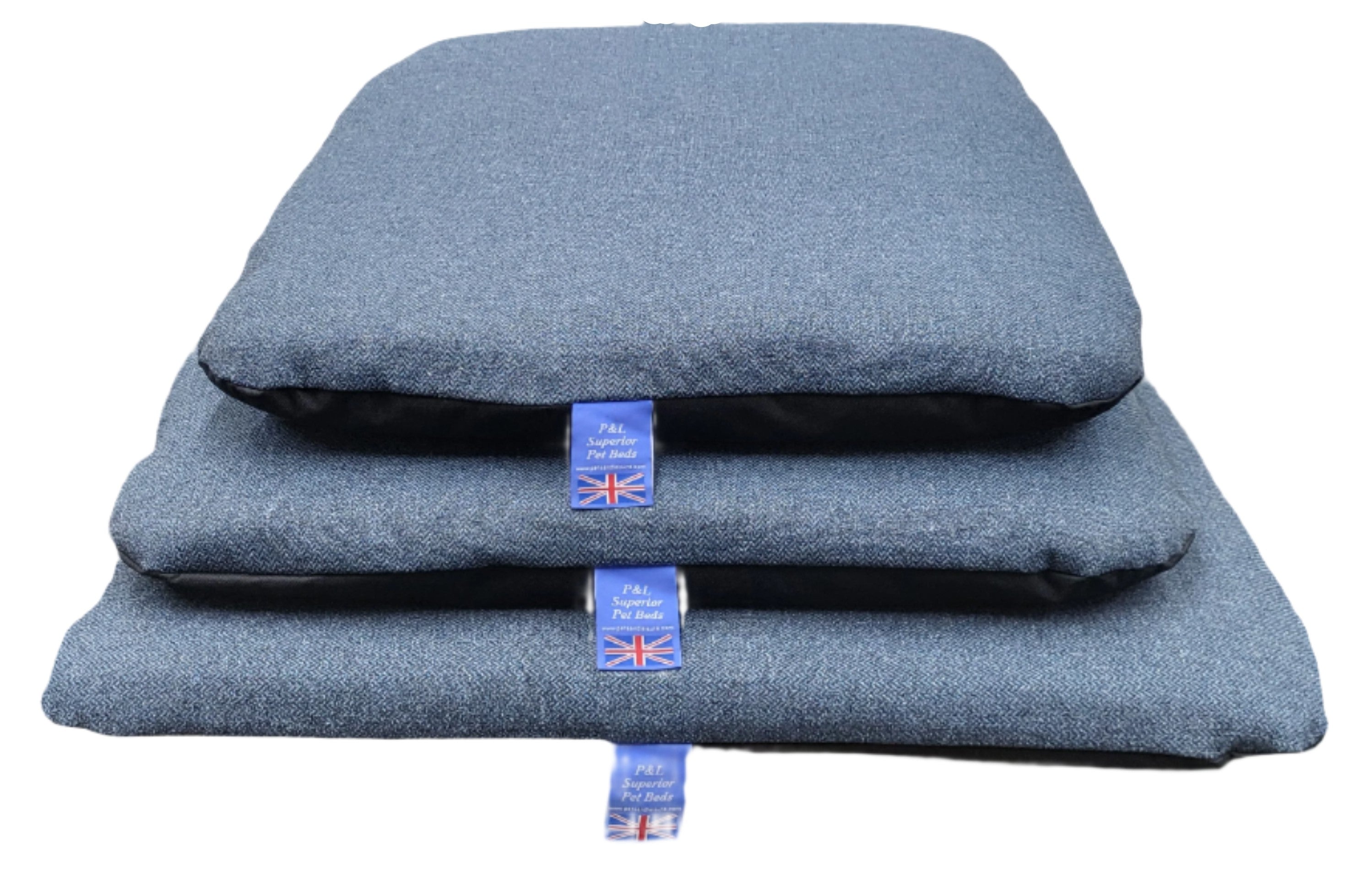 Stack of three grey Orkney tweed dog bed duvets with removable covers showing P&L Superior Pet Beds UK labels