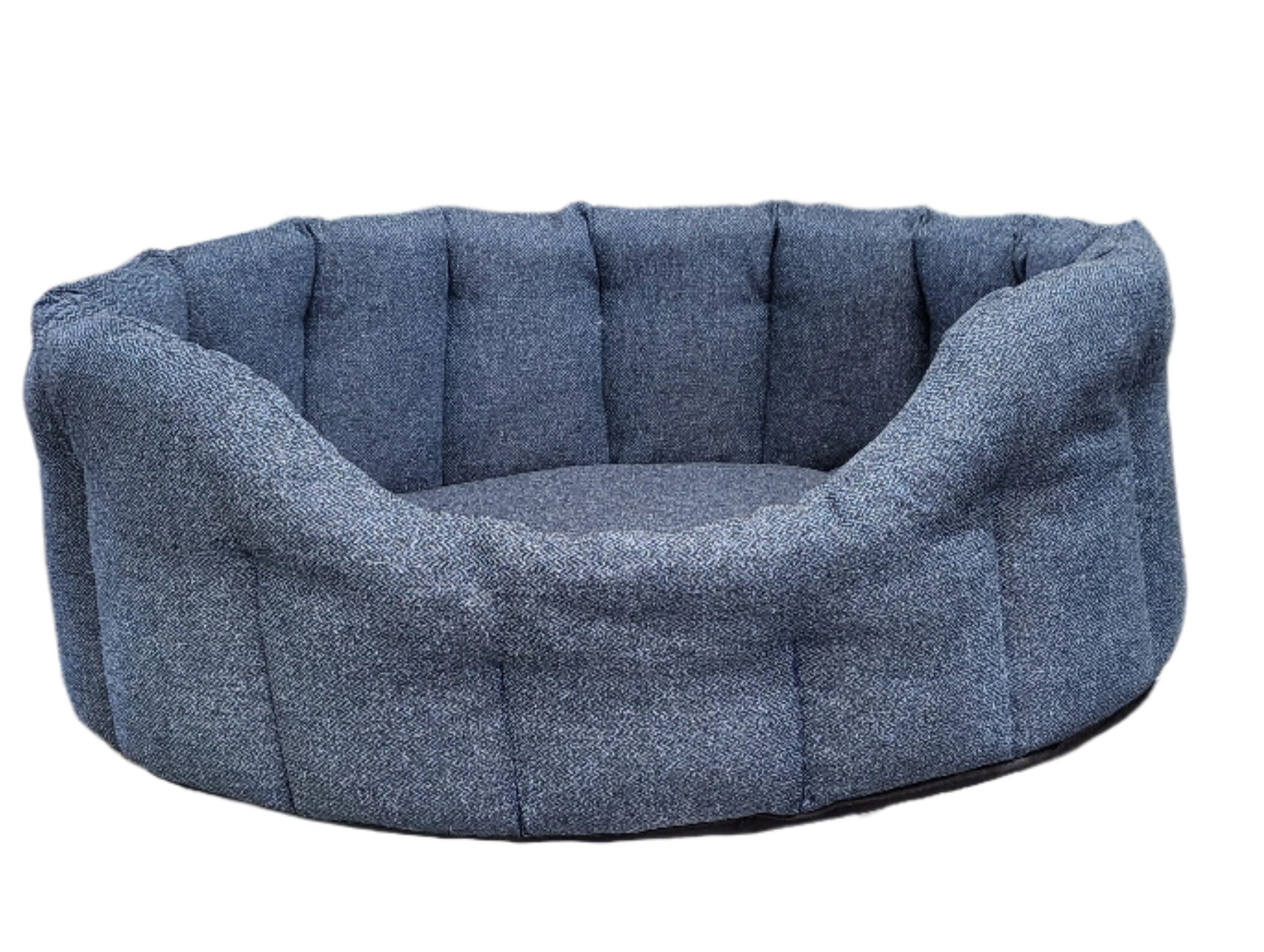 Blue tweed oval pet bed with quilted interior cushioning and raised sides for comfort and support