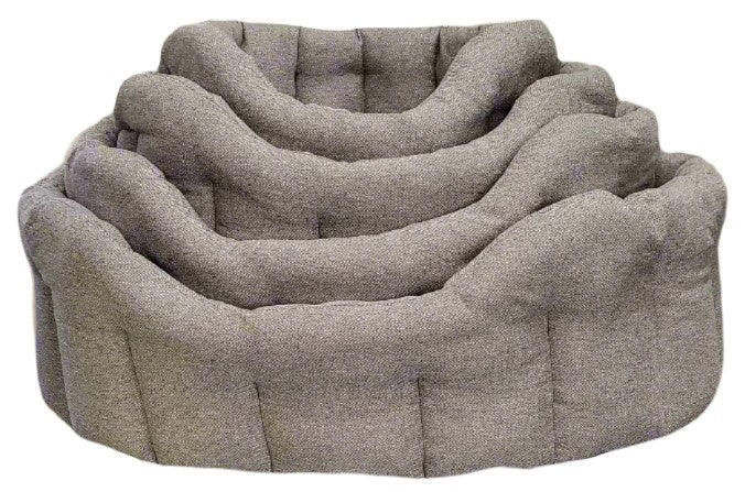 Set of four Orkney tweed oval pet beds in grey fabric with button tufting, nested together showing size range