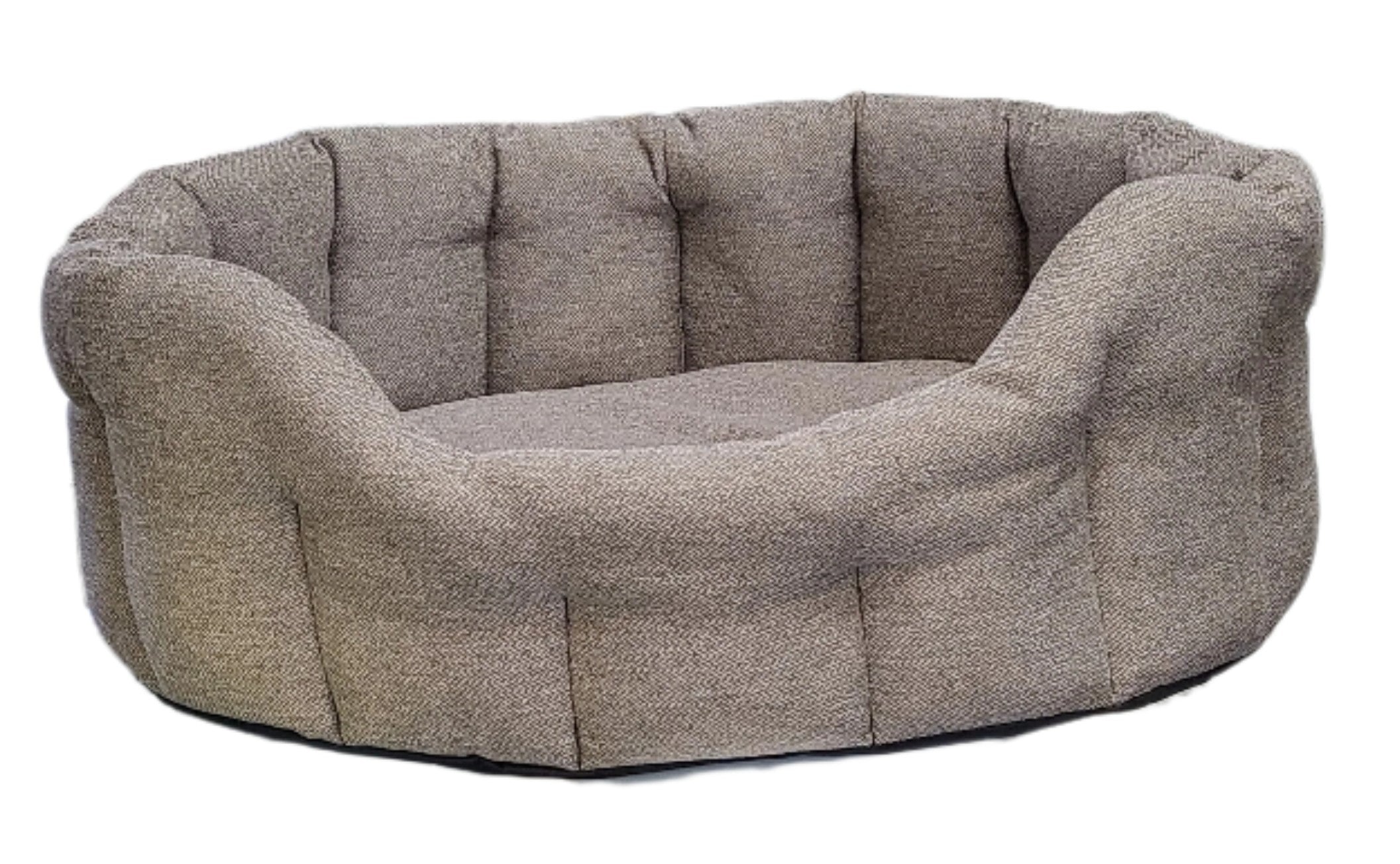 Grey tweed oval dog bed with button tufted sides and comfortable cushioned base for medium to large pets