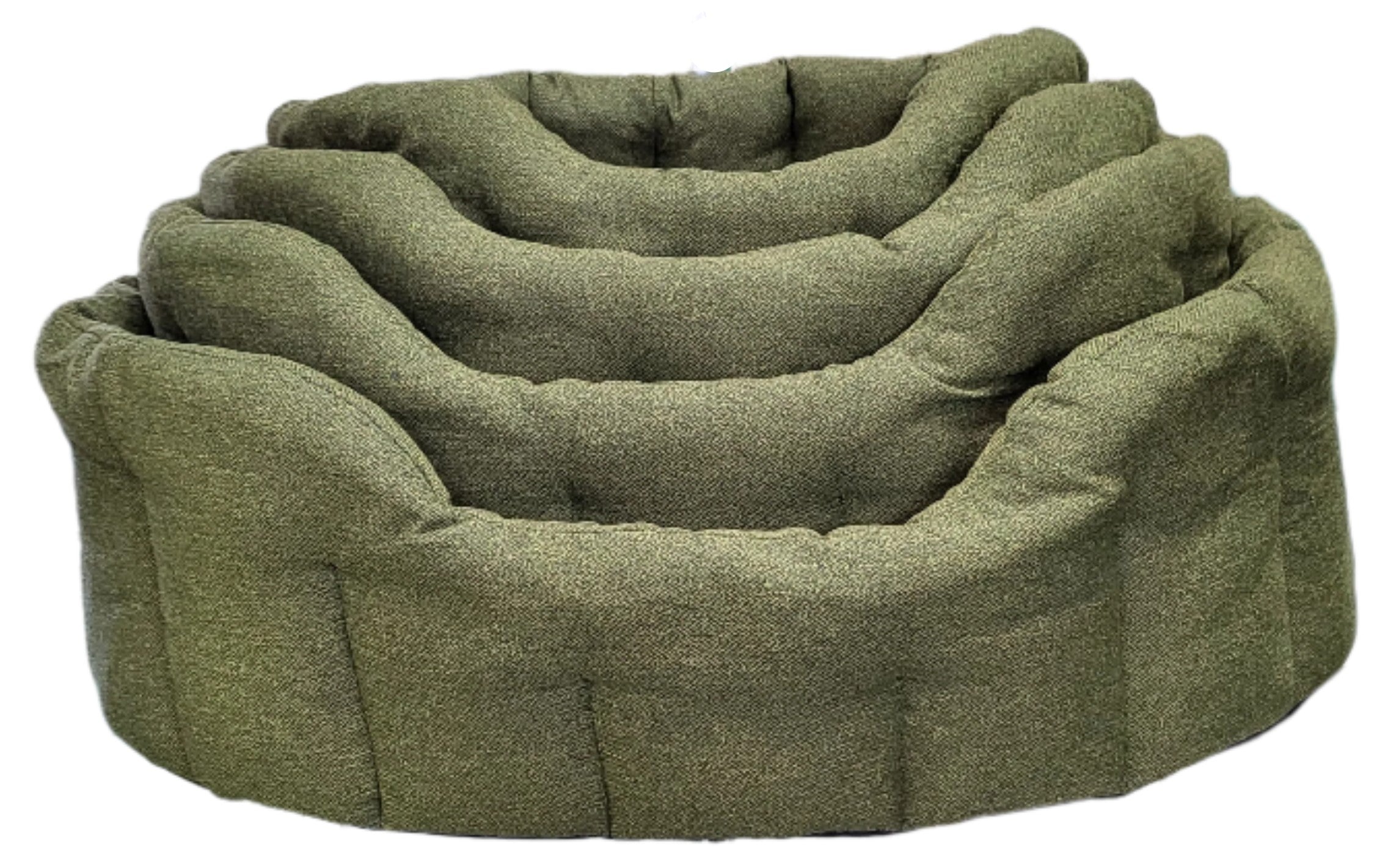 Green Orkney tweed oval dog bed with quilted cushioning and raised sides for comfort and support