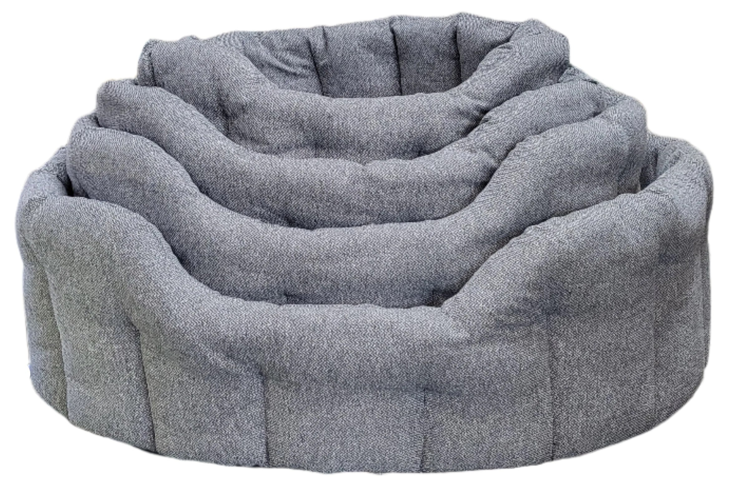 Grey Orkney tweed oval dog bed with quilted sides and plush cushioned interior, handcrafted waterproof pet bedding