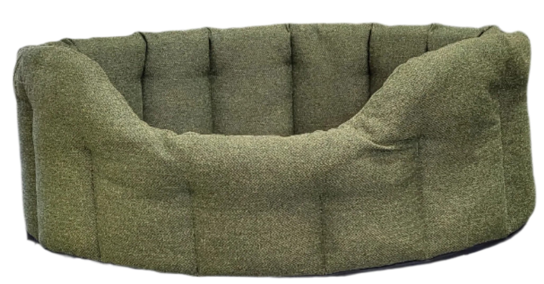 Olive green Orkney tweed oval dog bed with button-tufted cushioning and curved raised sides for comfort